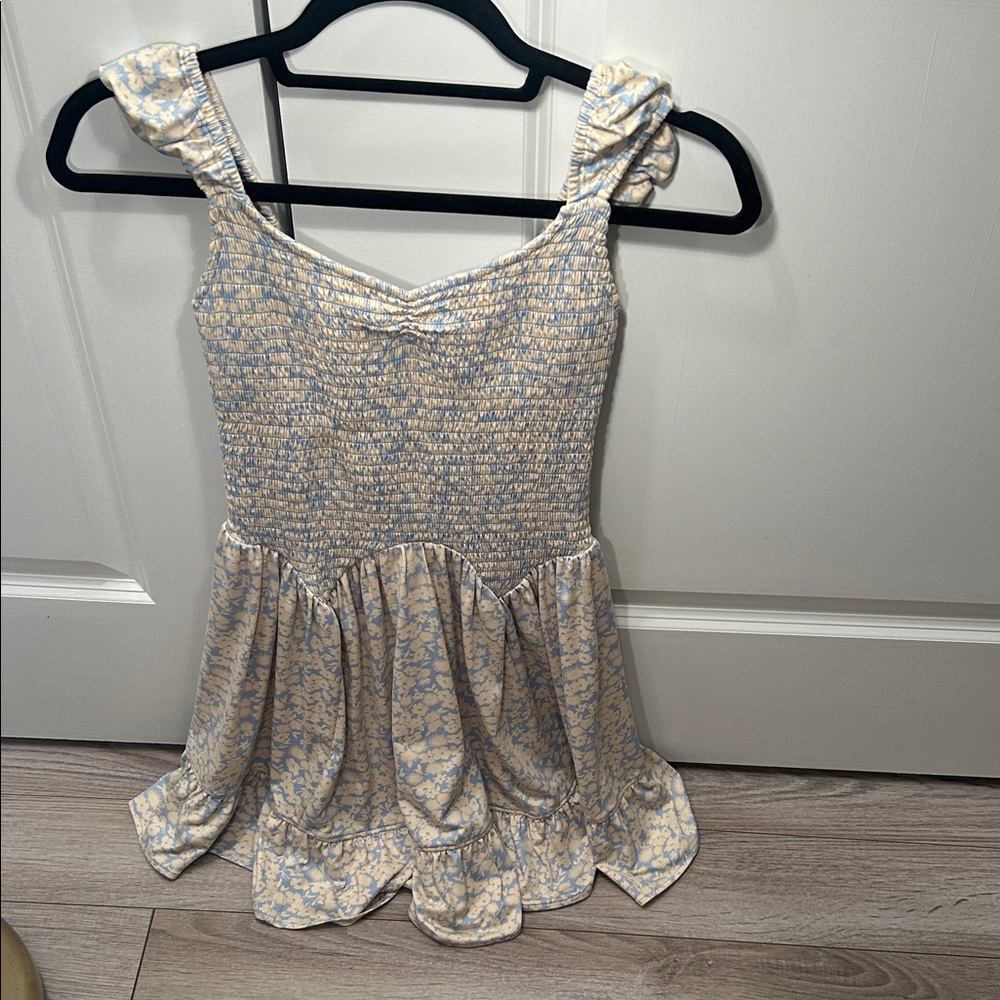 Urban Outfitters Blue and Beige Striped Floral Sun Dress XS Smocked Flowy